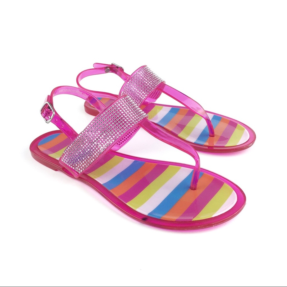 Girls Jelly Sandals Size 3/4 Hot Pink Multicolor Striped T-Strap Bling *Read